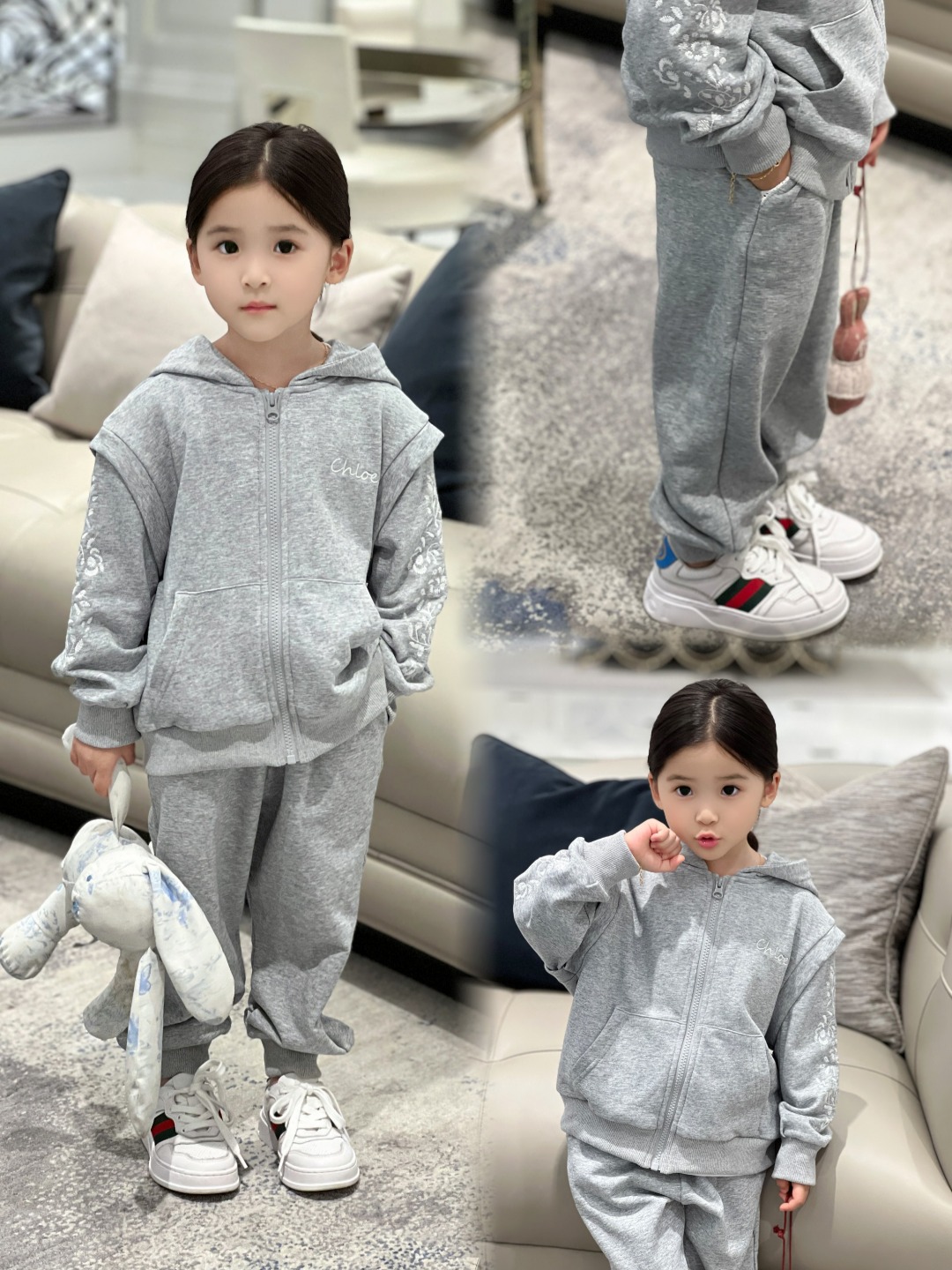 Grey Embroidery Suit with White Flower Detail – Comfortable and Stylish Sports Suit #285 - 图片 1