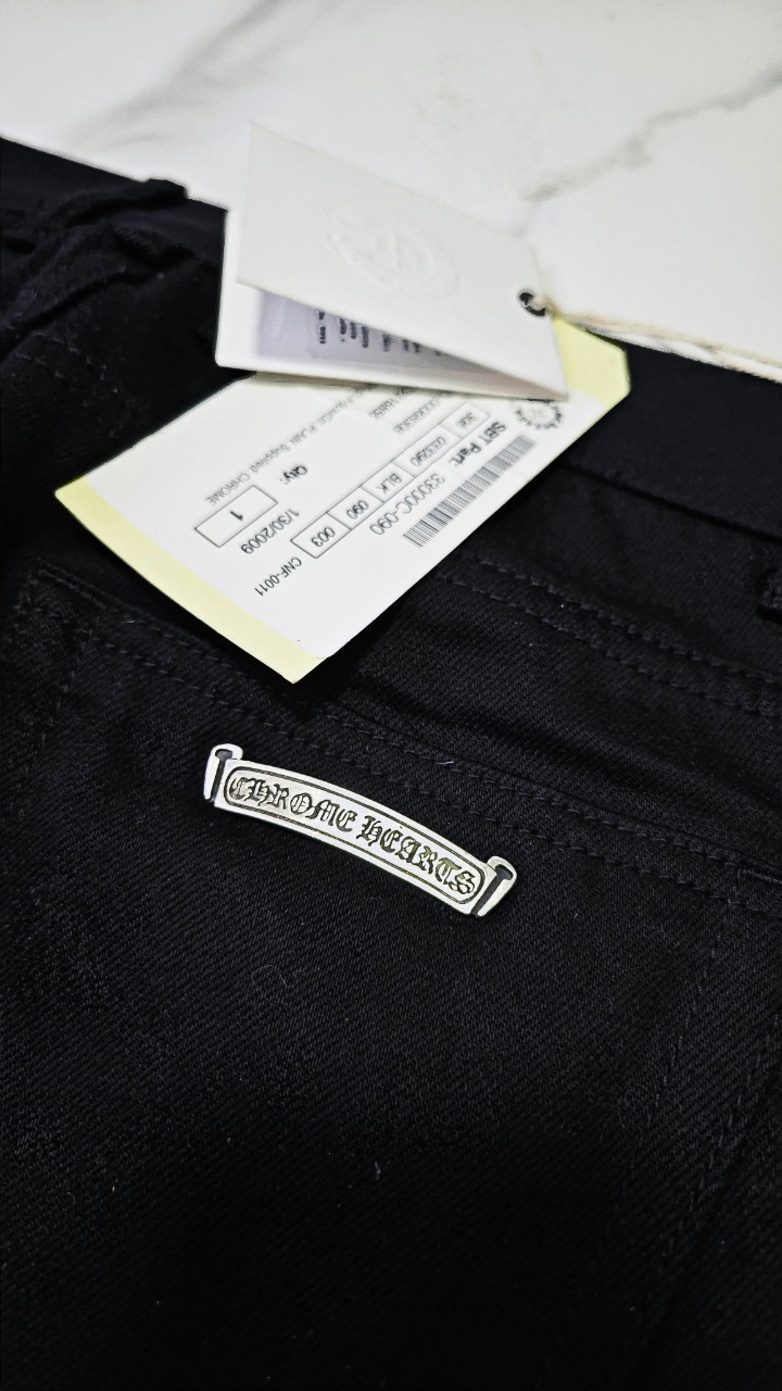 Chrome Hearts handmade wide-leg straight-cut black jeans with leopard-print pony hair appliqué