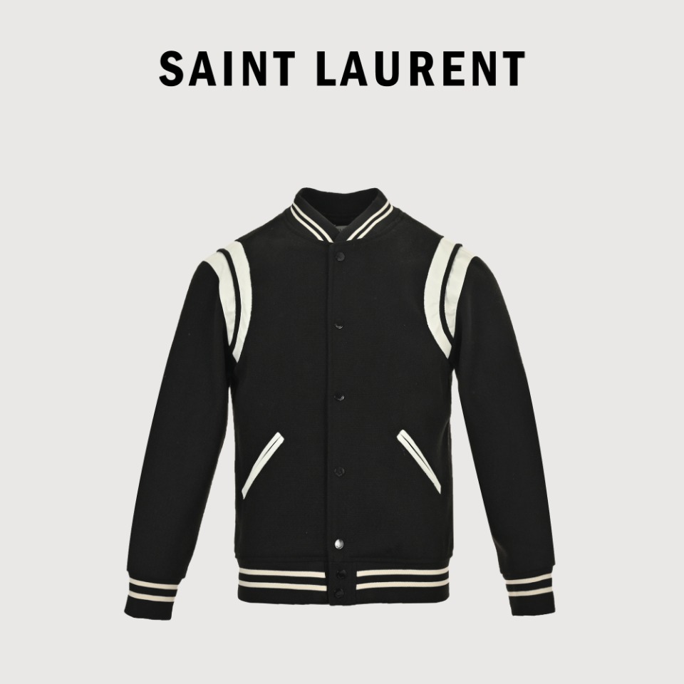 本地自取💰360 Saint Laurent Paris 圣罗兰 YSL经典款拼皮黑白棒球领夹克外套, 原版1:1开发全网最高版本 耗时2个月订制纯羊毛呢料、提花罗纹(普通机器根本做不到这提花效果) ,版型超帅气,拼皮位置非常讲究车位技术,整件衣服好不好看就要看这位置啦 size:46 48 50 52(S-XL)