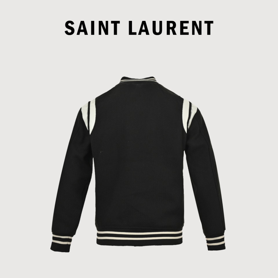本地自取💰360 Saint Laurent Paris 圣罗兰 YSL经典款拼皮黑白棒球领夹克外套, 原版1:1开发全网最高版本 耗时2个月订制纯羊毛呢料、提花罗纹(普通机器根本做不到这提花效果) ,版型超帅气,拼皮位置非常讲究车位技术,整件衣服好不好看就要看这位置啦 size:46 48 50 52(S-XL)