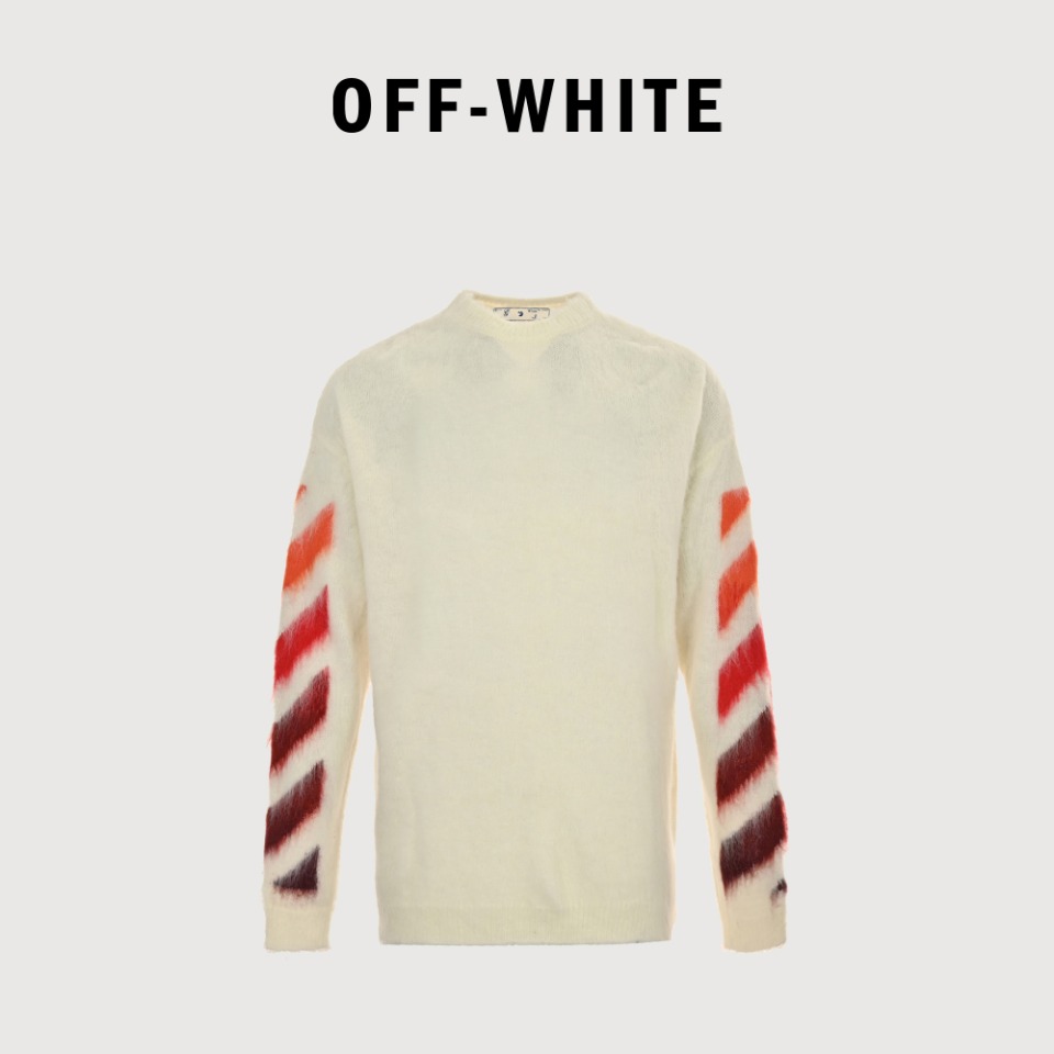 本地自取💰270 OFF WHITE OW 马海毛毛衣 毛纱采用50%的12支南非马海毛 以及32%锦纶18%澳毛 德国stoll电脑横机织造嵌花提花 缝盘要求针对针条对条 后道高温成衣磨毛 最后进口气压拉毛 每件衣服拉毛最少十遍以上 注意除了主标 今年的第二张领标(knitwear)也换成织唛了 今年做了马海毛全系列 看到马海毛就要想到我们 尺码:XS S M