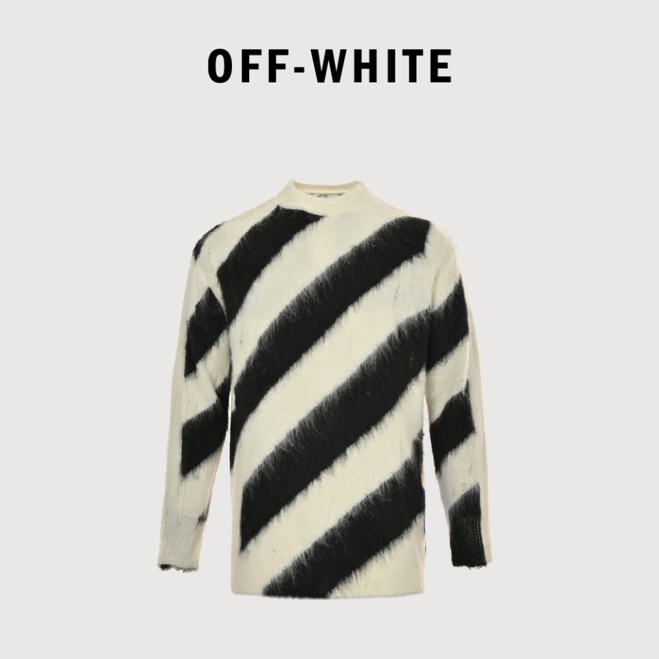 本地自取💰270 OFF WHITE OW 马海毛毛衣 毛纱采用50%的12支南非马海毛 以及32%锦纶18%澳毛 德国stoll电脑横机织造嵌花提花 缝盘要求针对针条对条 后道高温成衣磨毛 最后进口气压拉毛 每件衣服拉毛最少十遍以上 注意除了主标 今年的第二张领标(knitwear)也换成织唛了 今年做了马海毛全系列 看到马海毛就要想到我们 尺码:XS S M