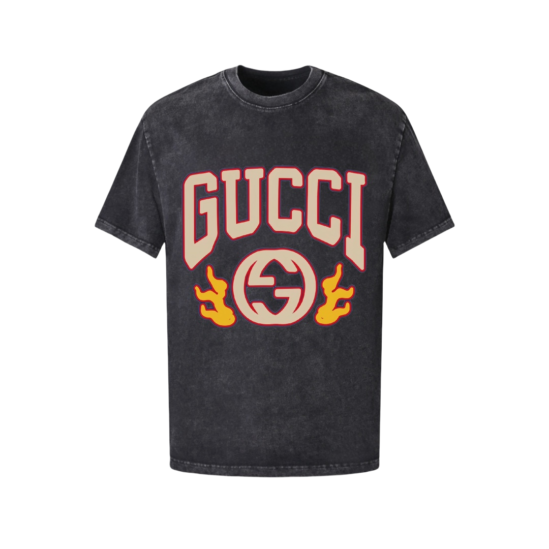 Gucci/古驰24ss 双G火焰水洗做旧短袖T恤 重工水洗怀旧水洗工艺