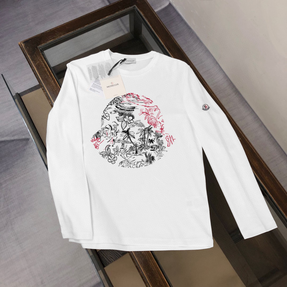 Moncler Men's White Long Sleeve T-Shirt with Floral Print - Soft Cotton