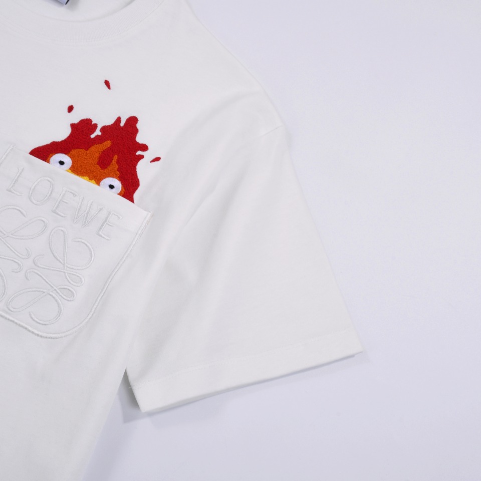 Loewe/罗意威 龙猫限定口袋火焰刺绣短袖T恤 黑色 白色