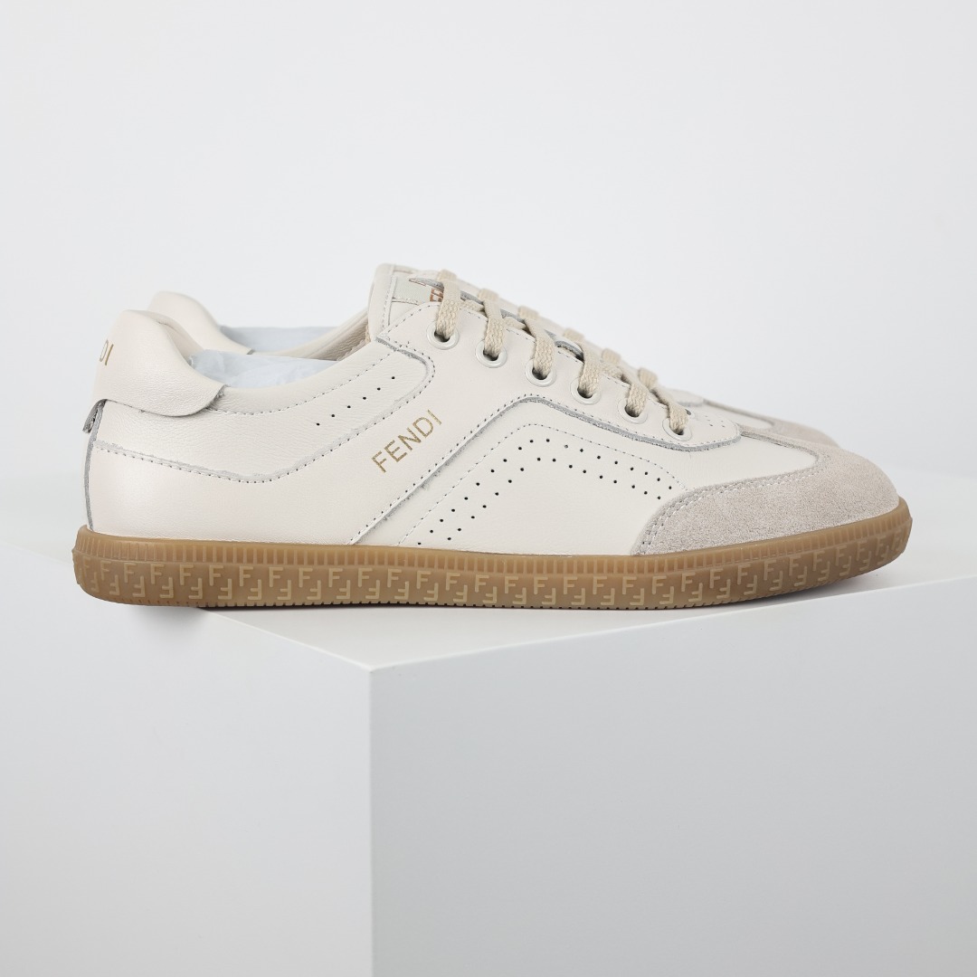 A2 Guangdong original quality Fendi Fendi Flair Leather Sneaker Low Flair series low-top retro versatile German training style casual sports sneakers ”leather raw rubber”