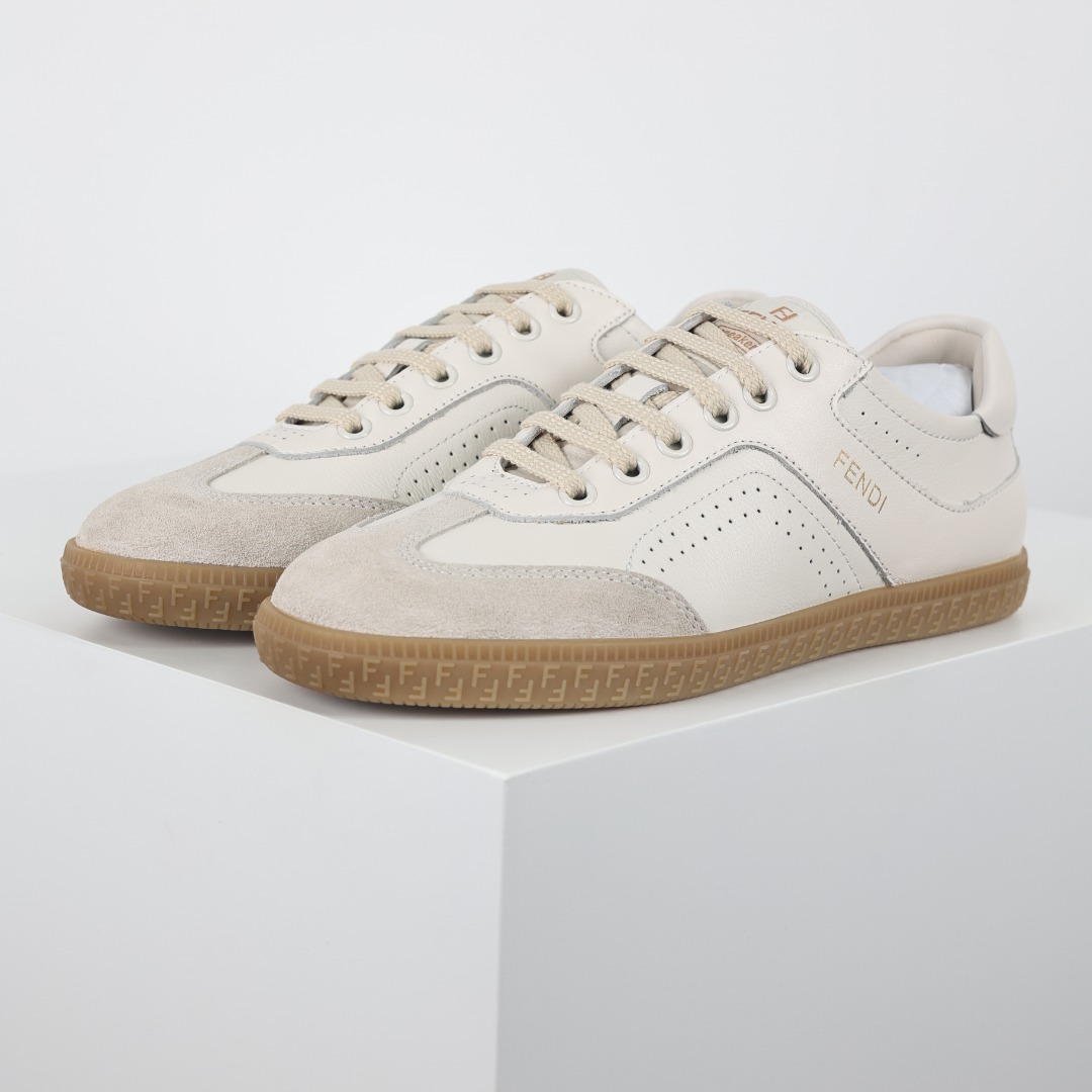 A2 Guangdong original quality Fendi Fendi Flair Leather Sneaker Low Flair series low-top retro versatile German training style casual sports sneakers ”leather raw rubber”