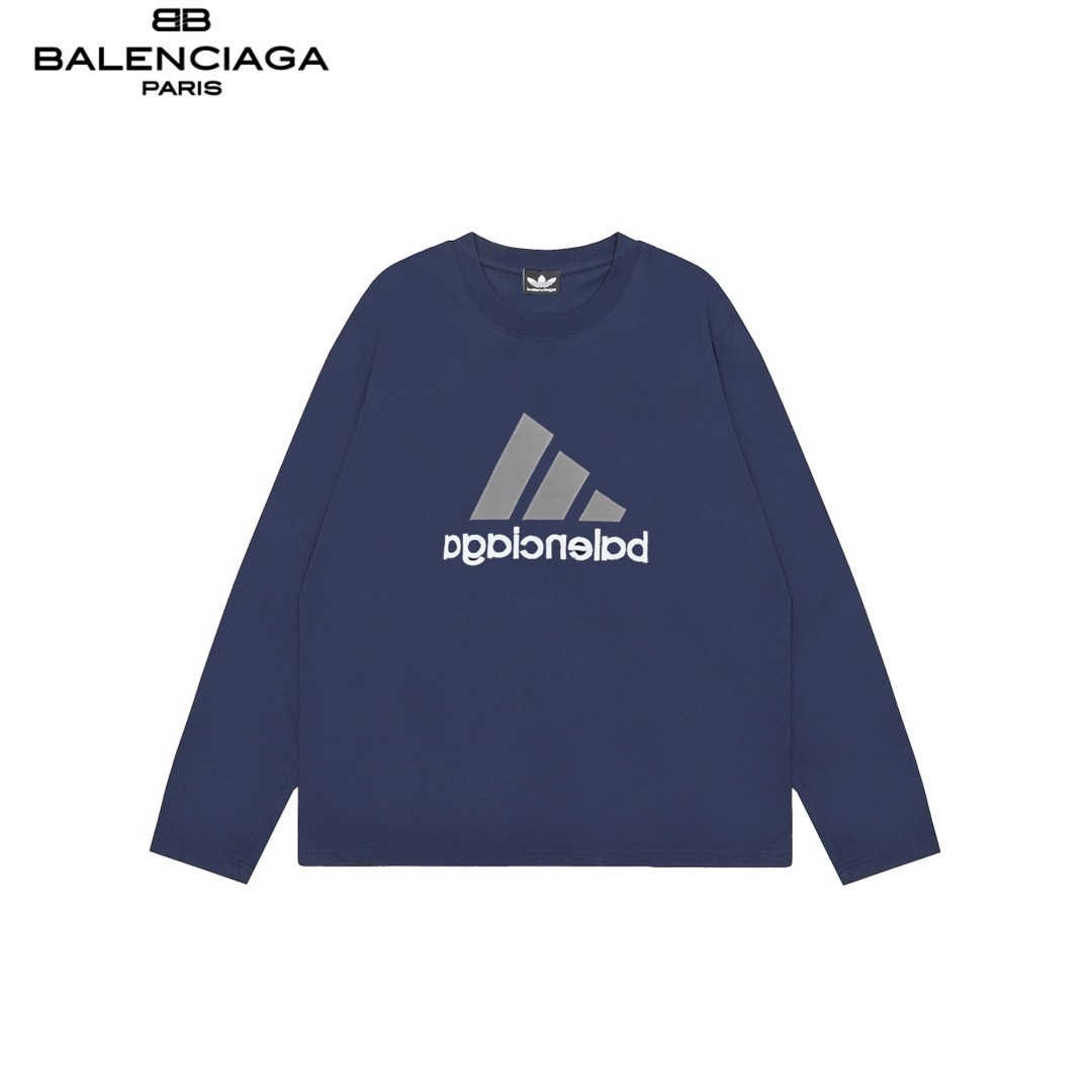 本地自取：💰200 
Balenciaga& Adidas 24ss 刺绣ogo双面穿长袖
采用26支双纱 300克重面料 进口针织针梳棉进行制作，厚度适中，有垂感又有轮廓型，上身就是一个舒适！！对微胖身型包容性强，穿上瞬间瘦五斤！

前幅#后幅 袖子简单元素# 刺绣 进口田岛高密度重工刺绣工艺  字体立体饱满

领口捆条采用纯棉本布一体切的捆条 无色差 不会变形

近两年oversize版型成了潮流的专注
也一直是近两年火爆主打
设计师的变更让此品牌一炮而红
时代的进步时装也需要新鲜的元素和新潮设计的血液冲击，才能把辉煌延续下去！
内搭外穿都巨时髦，高街出行必备！
绝对的“吸睛款”可搭配情侣💏

颜色: 深蓝色 白色 尺码:XS S M L