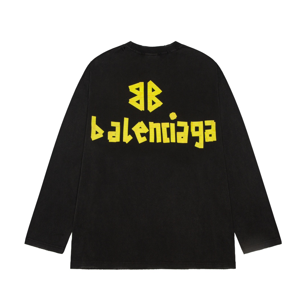 Balenciaga/巴黎世家做旧水洗胶带LOGO长袖 水洗黑 喷砂蓝 白色 灰蓝色