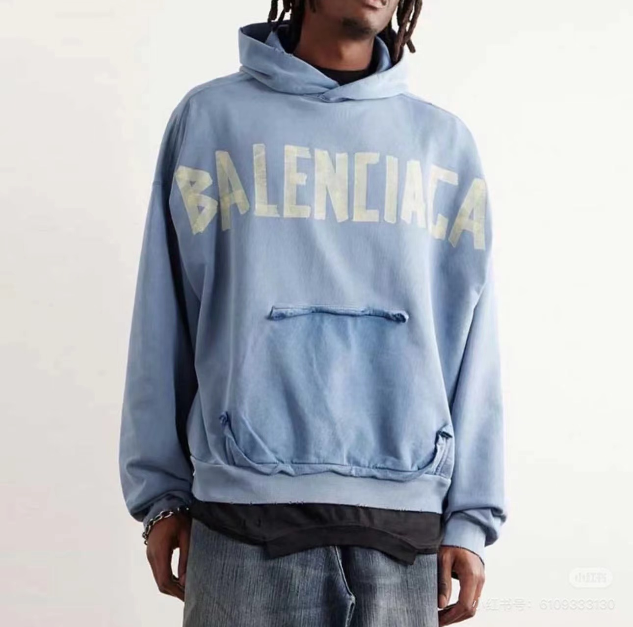 Balenciaga/巴黎世家 23Fw 美纹纸胶带水洗破坏连帽卫衣 模特图#