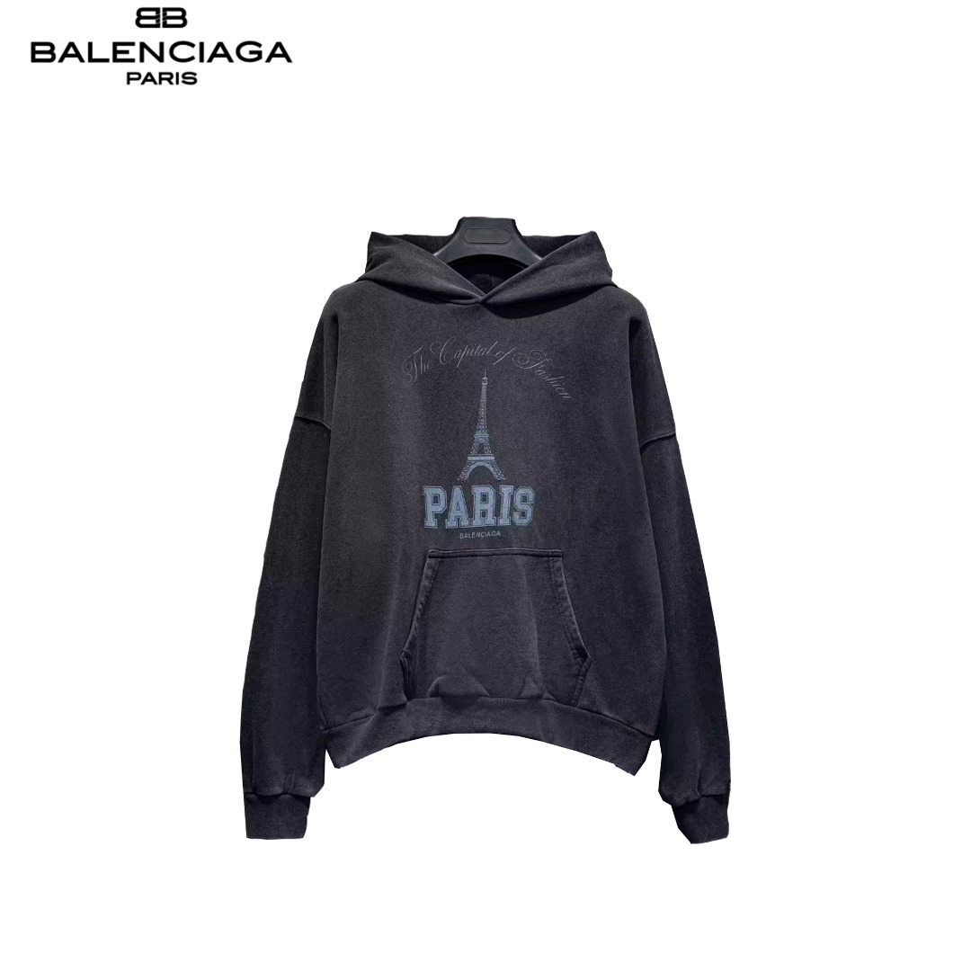 Balenciaga/巴黎世家 铁塔印花水洗连帽卫衣