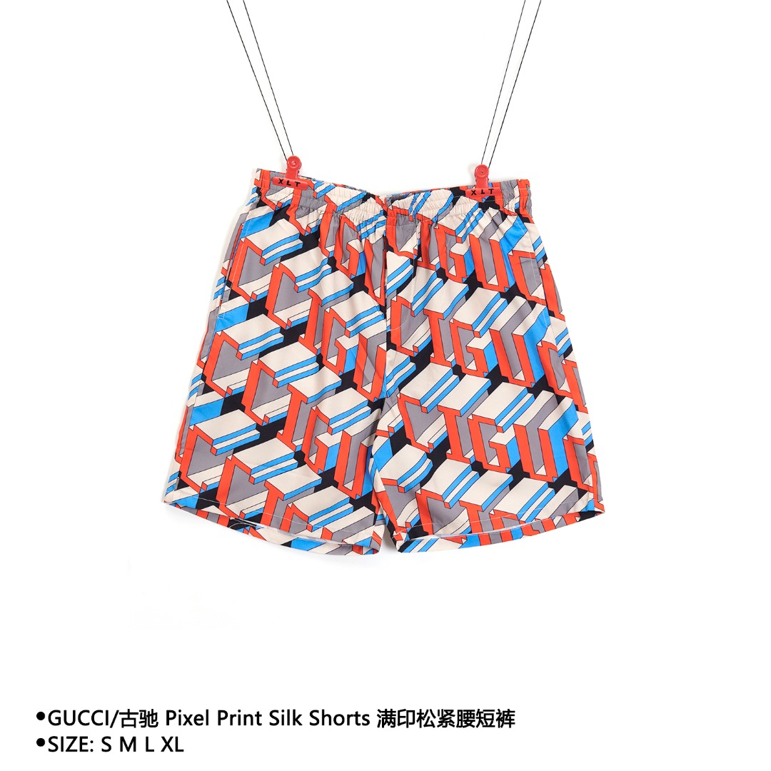 GUCCI/古驰 Pixel Print Silk Shorts 满印松紧腰短裤