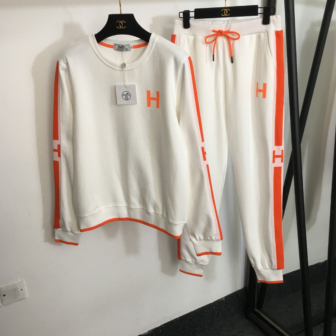 Hermes Roupa Calças “Roupas de Duas P eças & Conjuntos Combinando” Preto Vermelho Laranja Branco Manga Longa