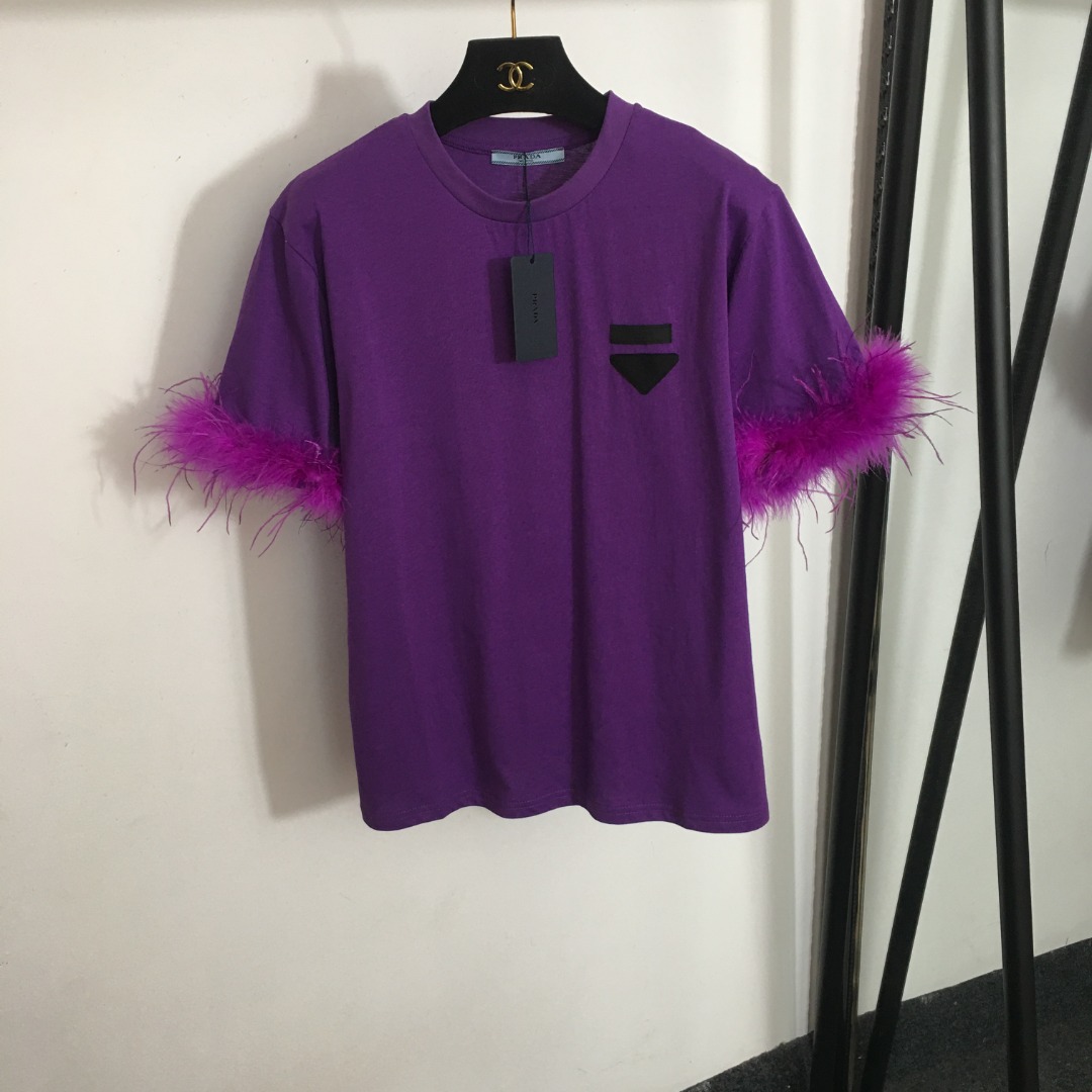 Réplique bon marché
 Prada Haut
 Vêtements T-Shirt La couleur violette Blanc Broderie de fleurs Manches courtes