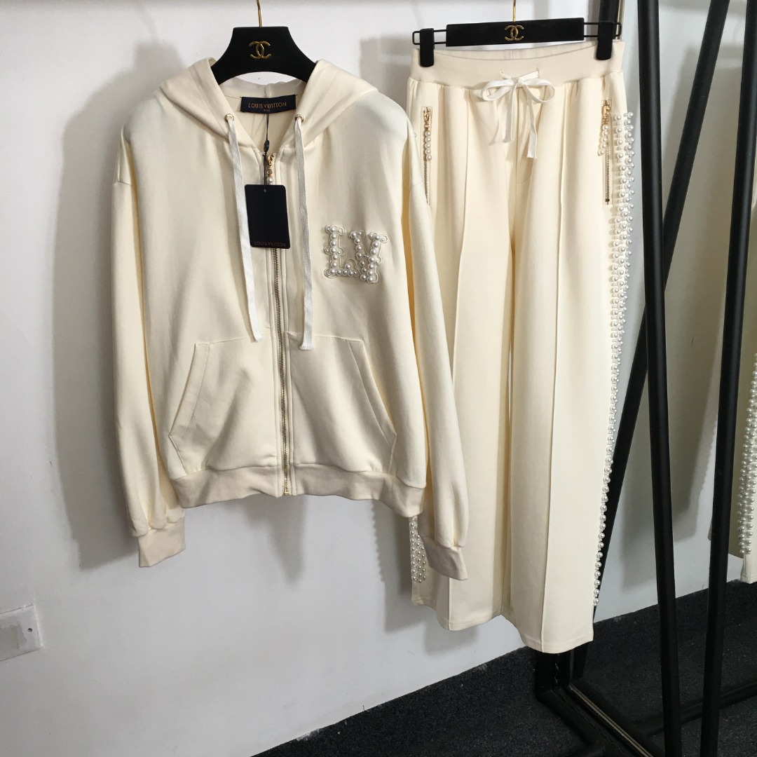 Louis Vuitton Ropa Abrigos y chaquetas Pantalones Trajes de dos piezas y conjuntos a juego Beige Negro Blanco Bordado Blusa con capucha