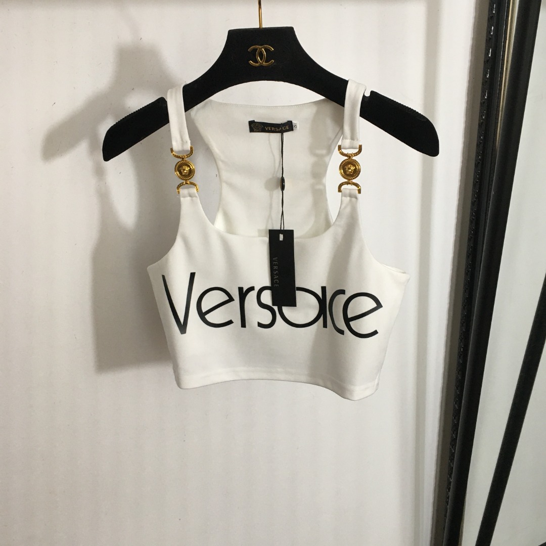 NO:782818,Style No. 3189 Versac* New Medusa Portrait Gold Buckle Shoulder Buckle Letter Printed Short Navel Vest, white, black, S-XL, [S size; bust 76, length 37], Versace-clothing,versace,versace,19860909款号3189 Versac*新款 美杜莎人像金扣 肩扣字母印花短款露脐背心,白色,黑色,S-XL,【S码；胸围76,长37】,范思哲-服装,versace,versace,,Women's clothing