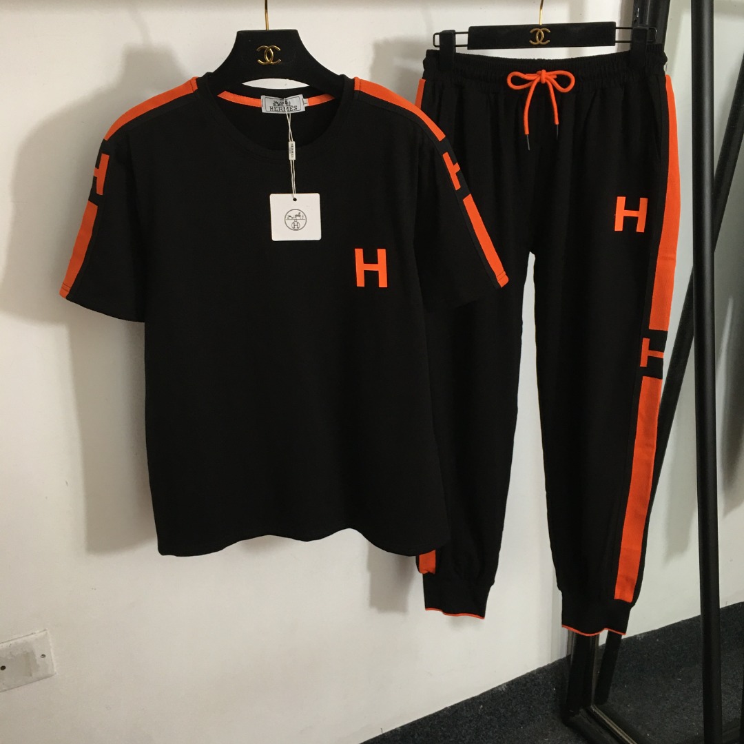 Hermes Roupa Calças Camiseta “Roupas de Duas P eças & Conjuntos Combinando” Preto Vermelho Branco Manga Curta