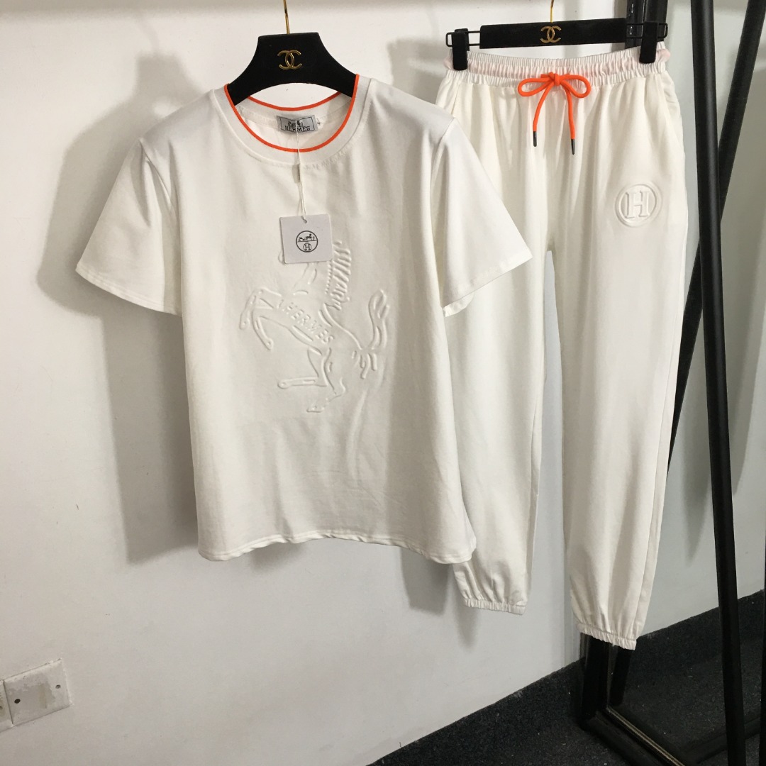 Hermes Roupa Calças Camiseta “Roupas de Duas P eças & Conjuntos Combinando” Preto Vermelho Laranja Branco Manga Curta