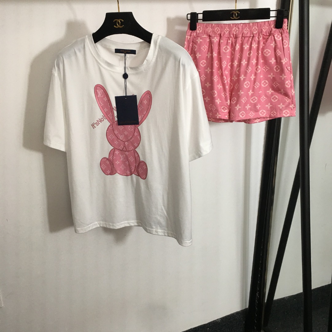 Louis Vuitton Knockoff
 Clothing Shorts T-Shirt Two Piece Outfits & Matching Sets Blue Pink Embroidery Short Sleeve