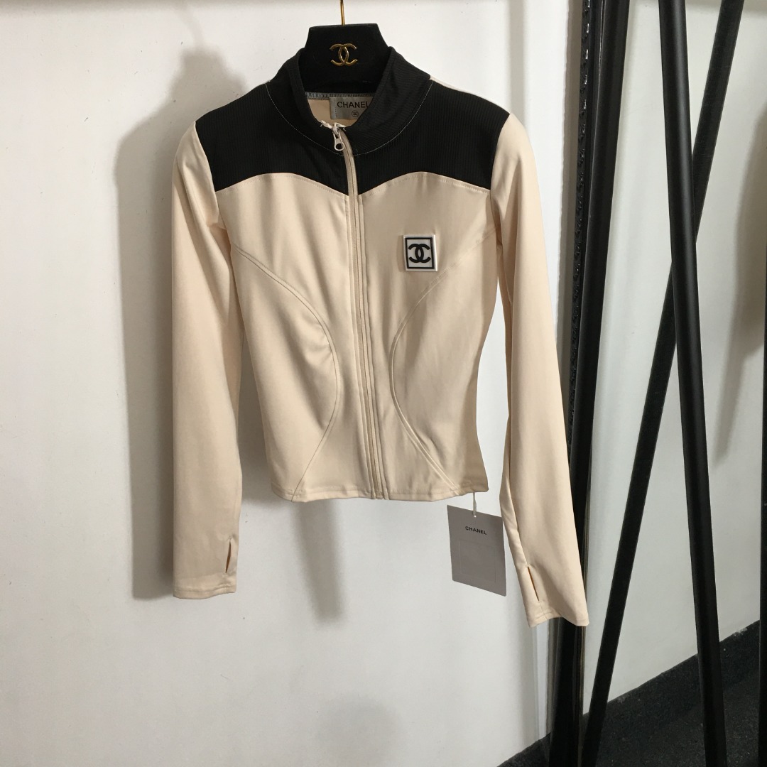 款号 Chane新款 中古小香风 logo胶印修身显瘦拼色套指长袖瑜伽服运动上衣 外套，杏色，黑色，SML，【M码；胸围，袖长，衣长】0LJ