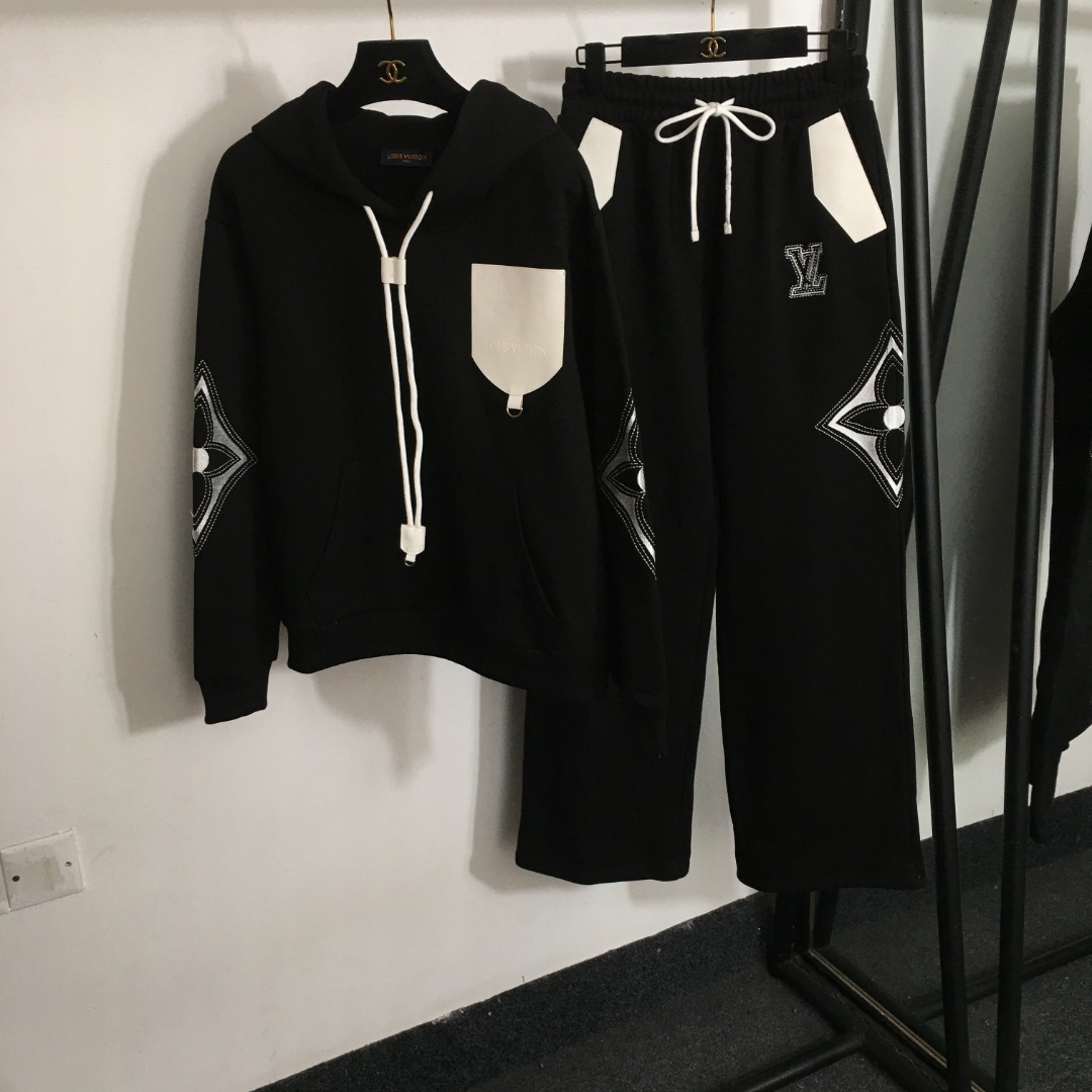 Louis Vuitton Clothing Hoodies Pants & Trousers Two Piece Outfits & Matching Sets Black Grey Embroidery Hooded Top