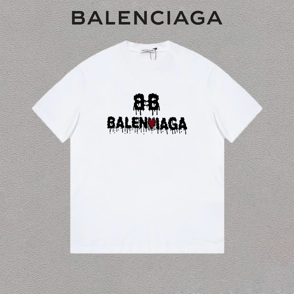 P75 Balenciaga/巴黎世家 Camiseta de manga corta con estampado de corazón disuelto y logo de letras, unisex, con etiqueta co…