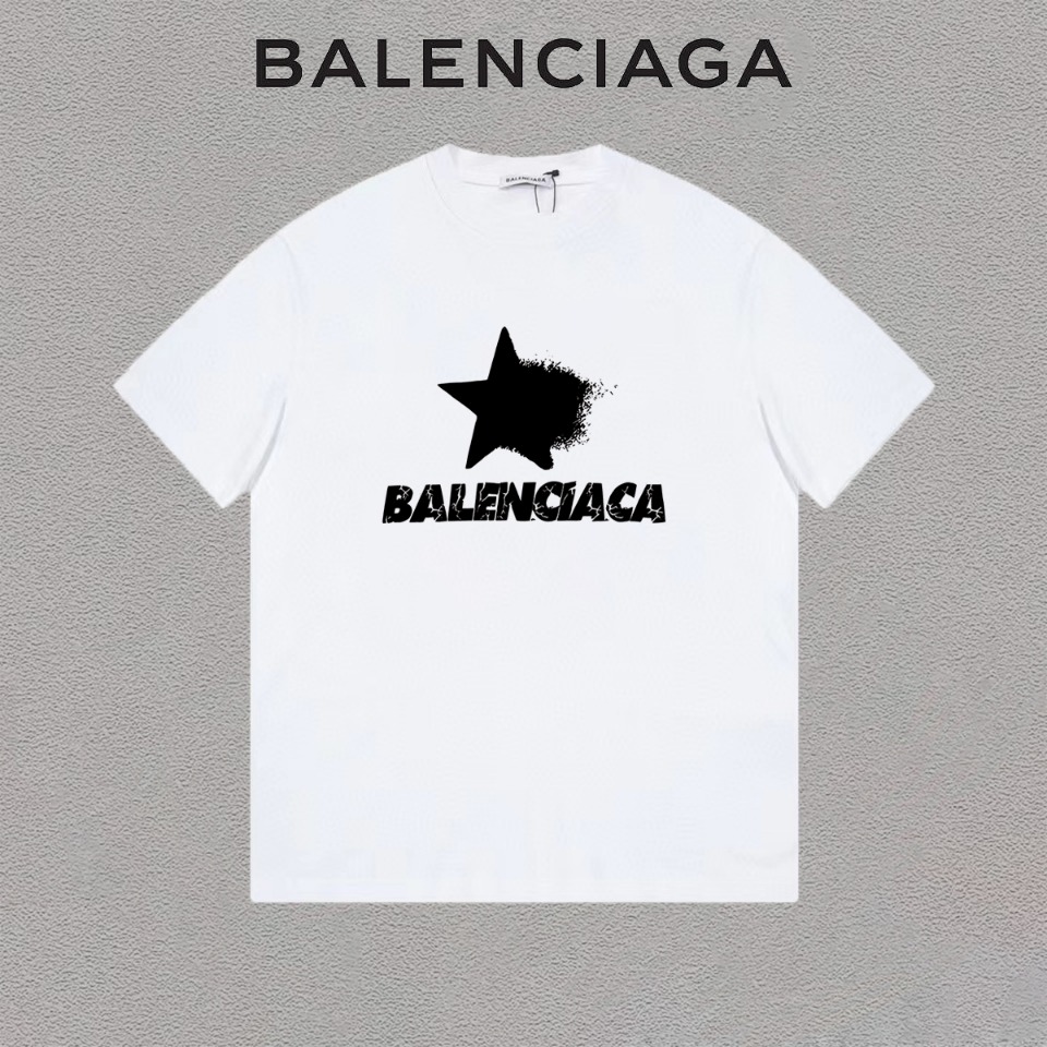 P75 Balenciaga/巴黎世家 Camiseta de manga corta con estampado de estrella de cinco puntas y logo de letras, estilo casual y…